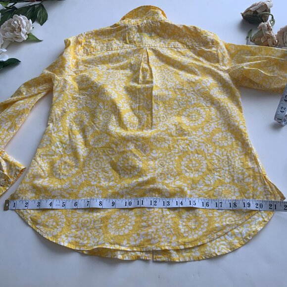 TALBOTS  Petites Yellow and White Flora Cotton Roll Tab Sleeve Summer Shirt - Picture 9 of 16
